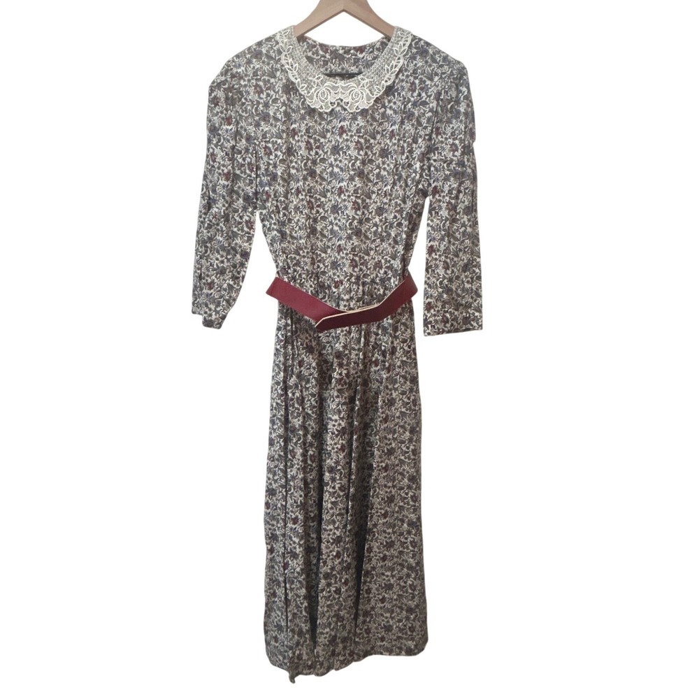 Vintage Lanz Originals Dress 12 Floral Paisley Lace Belt Cottagecore Prairie USA